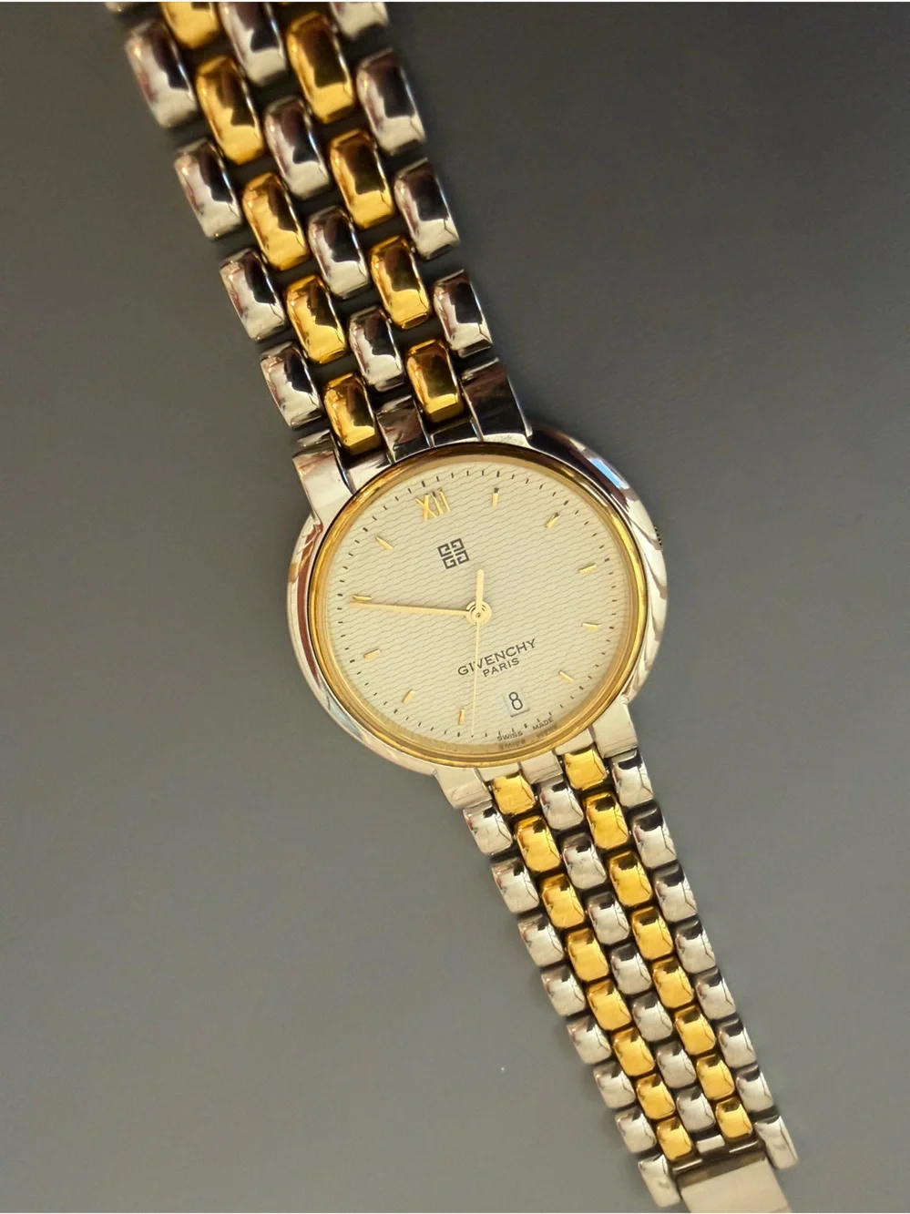 Vintage Givenchy Paris Two Tone Gold & Silver Swiss Quartz Dress Watch 32mm